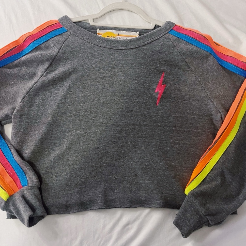 Aviator Nation Gray Sweater with Colorful Stripes